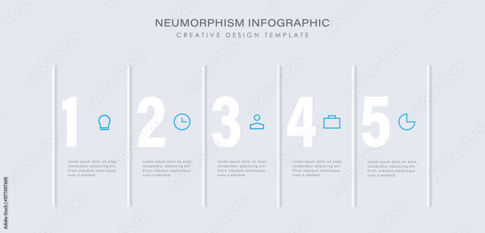 Poster process description with 5 steps, options, parts or processes separated by a vertical line. light ne