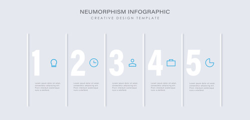 Process description with 5 steps, options, parts or processes separated by a vertical line. Light neumorphism infographic template