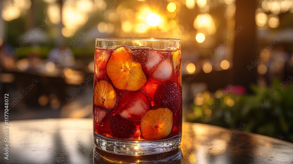 Wall mural Refreshing drink served in a glass with ice and citrus fruits at a sunny outdoor setting