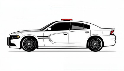 Side view of a sleek white police car featuring black rims and a red light bar. Ideal for law enforcement graphics or coloring pages.