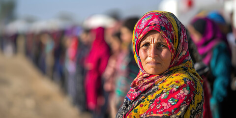 Fototapeta premium Healthcare Access and Disparities Concept. woman in colorful scarf stands in line at healthcare camp, showing resilience
