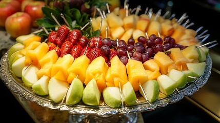 A platter of assorted fruit skewers with melon grapes and apple slices