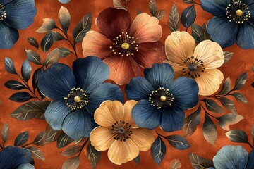 Moody blue, rust, gold floral pattern on textured orange backdrop for textiles
