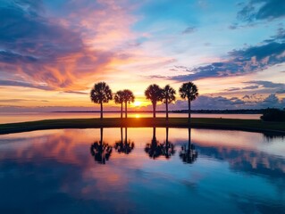 Obraz premium Tranquil Sunset Over Coastal Lagoon with Silhouetted Palm Trees Reflecting in Water Beneath a Colorful Sky at Dusk