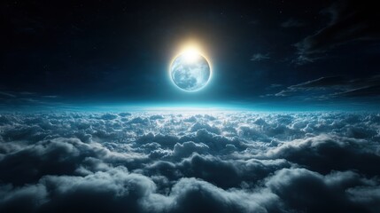A dramatic eclipse casts a radiant glow above a sweeping sea of fluffy clouds, blending celestial beauty with an awe-inspiring vista of the heavens at night.