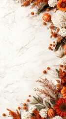 Autumnal Floral Arrangement on Marble Background Dried Flowers Gourds and Fall Colors