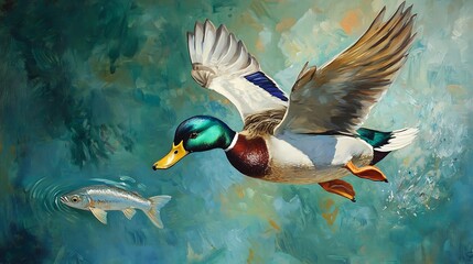 Obraz premium Majestic Mallard in Flight Over Teal Waters