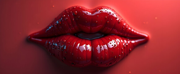 Sensual Red Lips, glistening with dew, a captivating close-up.  A symbol of passion and allure.