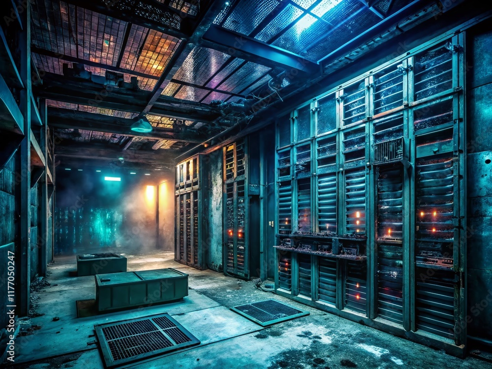 Poster abandoned server room: cloud computing email file settings, digital data storage, urban exploration 