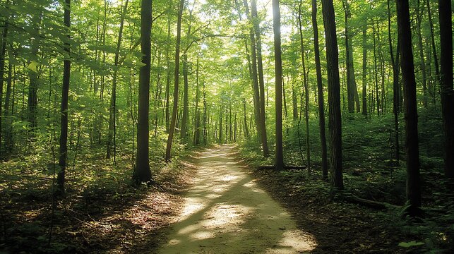 A quiet forest path winding through tall dense trees with sunlight filtering through