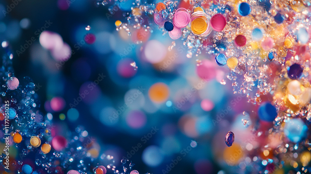 Poster colorful bubbles floating in vibrant patterns against a dark background