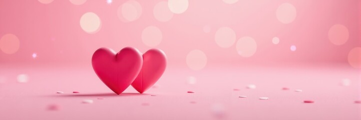 Elegant pair of pink hearts with soft bokeh on a pink background, romantic love concept for Valentines or wedding anniversary, celebrating love with a charming design.