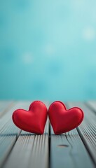 Fototapeta premium Two red heart shaped pillows are placed on weathered gray wooden planks with a blurred light blue background representing love and togetherness.