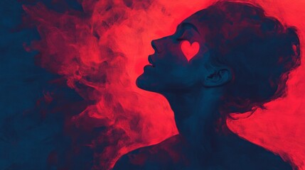 Fototapeta premium Silhouette of a woman with a heart on her cheek in colorful smoke.