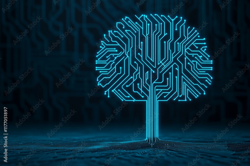 Poster digital tree design with circuit-like branches on a blue background.