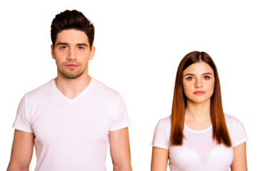 Close up photo two cool amazing beautiful she her he him his couple standing side by side not smiling look through like zombie wearing casual white t-shirts outfit clothes isolated yellow background