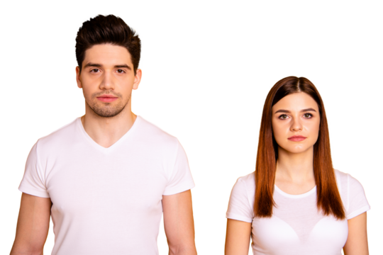 Close up photo two cool amazing beautiful she her he him his couple standing side by side not smiling look through like zombie wearing casual white t-shirts outfit clothes isolated yellow background