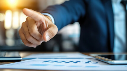 Sustainability and Reporting Standards Concept. Businessman pointing at financial report with charts and graphs