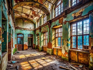 Abandoned Urban Building Interior, Decaying Architecture, Grunge Industrial, Post-Industrial Ruin, Urban Exploration Photography