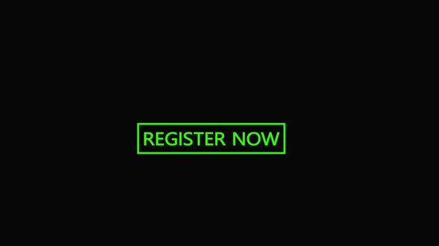 register now text animation, register now text reveal, register now logo animation on black background.
