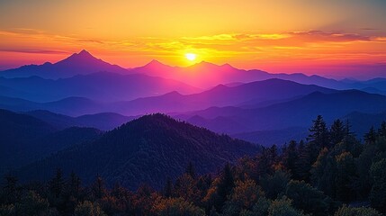 Fototapeta premium Vibrant mountain sunrise over forested ridges with distant peaks