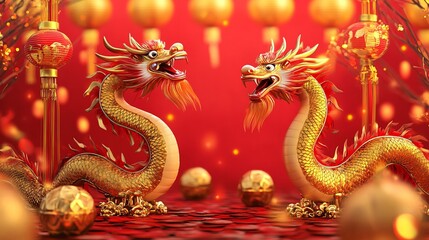 Fototapeta premium A joyful Chinese New Year frame with vibrant red and yellow colors, realistic dragon dance props, and glowing lanterns