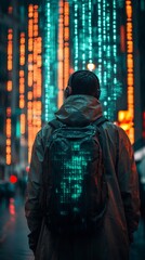Obraz premium Cyberpunk Cityscape: Nighttime Photo, Man Mysteriously Walking Away. AI Generated