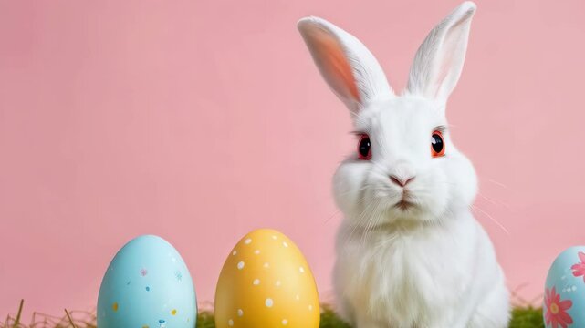 an easter bunny with a cute face with colored eggs painted for the holiday copy space area. Easter holiday concept and symbols