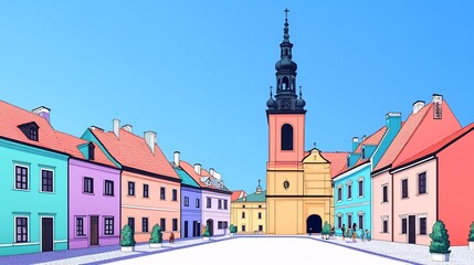 Obraz premium Vibrant Digital Illustration: Sunlit Colorful Town Square on a Clear Day. AI Generated