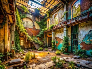Fototapeta premium Abandoned Urban Building Interior, Hyperverbal Decay, Grunge Texture, Industrial Ruin Photography