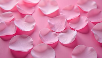 Fototapeta premium Scattered light pink rose petals gently strewn on a flat pink surface creating a romantic texture background, perfect for invitations and love themes.