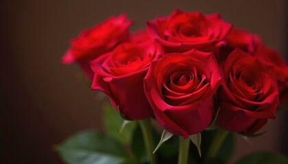 Vibrant close up of several red roses in soft focus highlighting their beauty and intricate patterns romantic love or valentines day concept