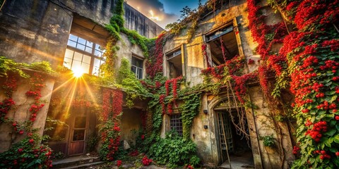 Obraz premium Abandoned Urban Building Overgrown with Carissa Carandas, Karanda Fruit Vines