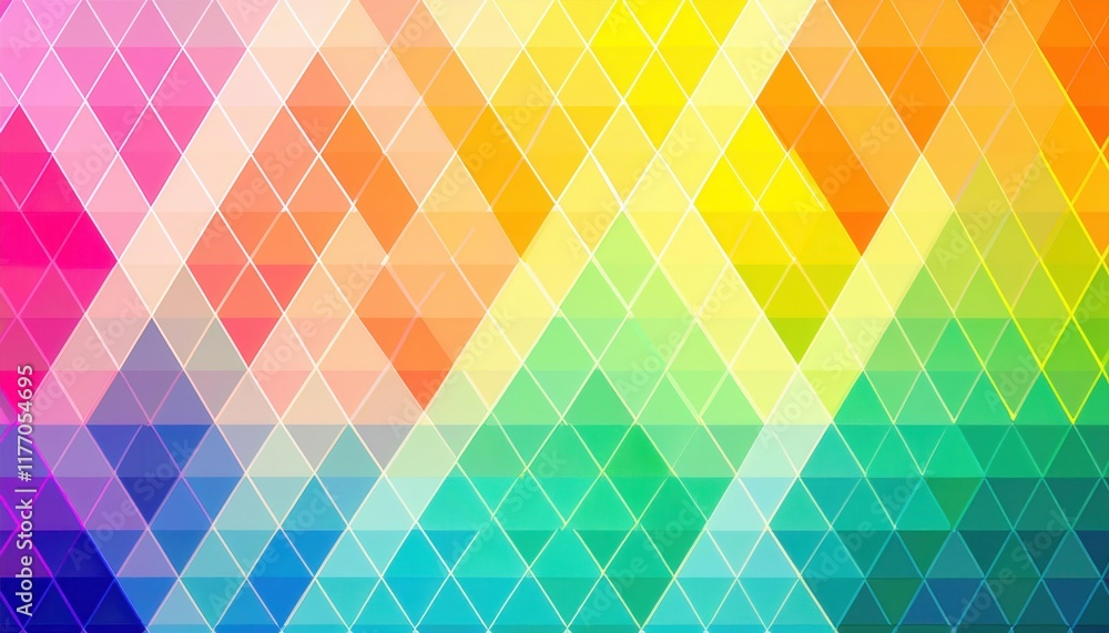 Poster vibrant triangular gradient pattern in rainbow colors perfect for digital design, web banners, abstr