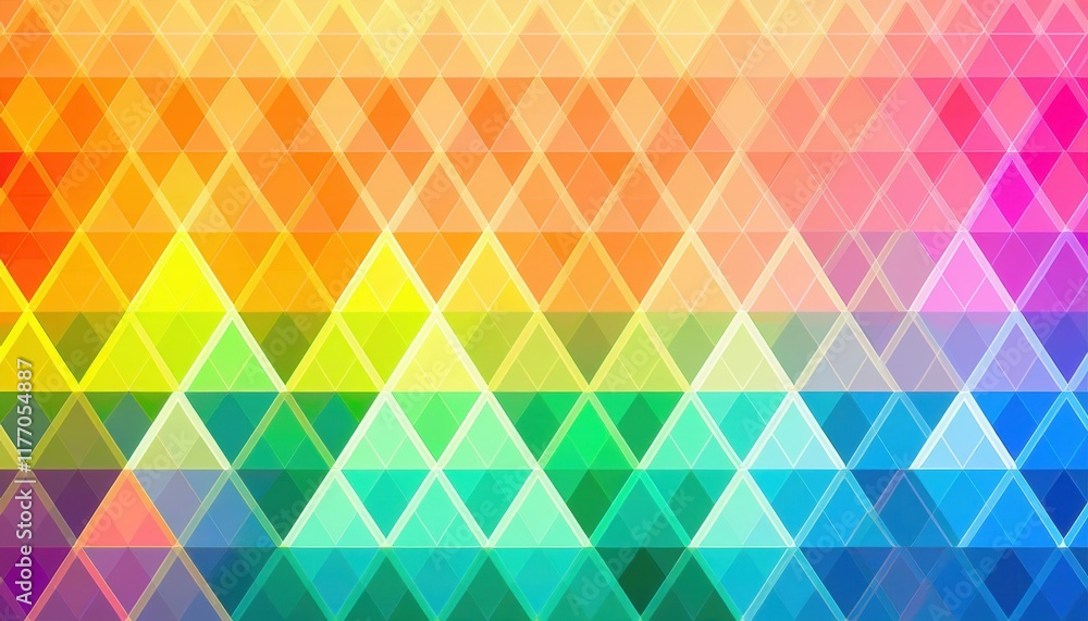Poster vibrant triangular gradient pattern in rainbow colors perfect for digital design, web banners, abstr