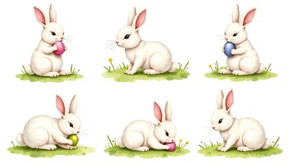 Fototapeta premium Set of Easter watercolor illustrations in doodle style with images of white Easter bunny with painted egg in paws in different poses, bunny sitting on green grass, bunny sleeping on green grass