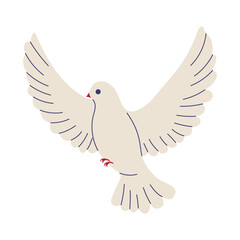 A white dove with red beak flying in the air. The dove is the symbol of peace and freedom