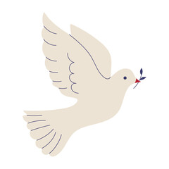 A white dove is flying with a leaf in its beak. Concept of peace and tranquility, as the dove is a symbol of hope and freedom. The leaf in its beak could represent growth and new beginnings