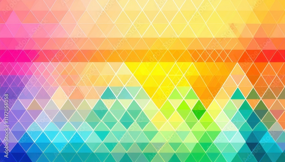 Poster vibrant triangular gradient pattern in rainbow colors perfect for digital design, web banners, abstr