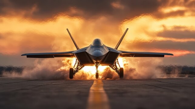A high-tech fighter jet accelerating vibrantly on the runway during sunset with dramatic clouds, symbolizing momentum, power, and modern technology in action. - Powered by Adobe