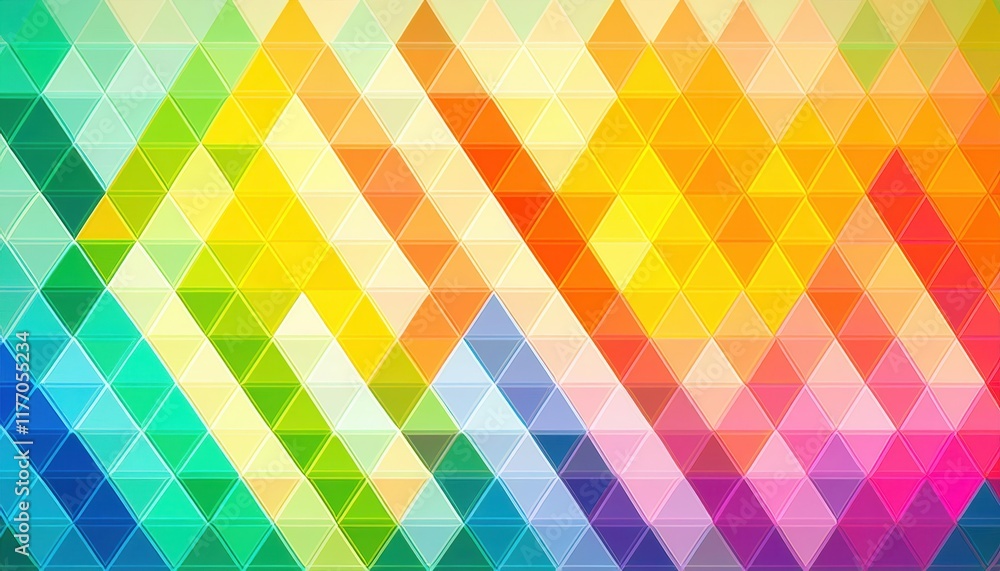 Poster vibrant triangular gradient pattern in rainbow colors perfect for digital design, web banners, abstr