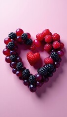 Heart shaped arrangement of raspberries, blackberries and grapes against a solid pink background representing love, health and romance. Valentine's Day concept.