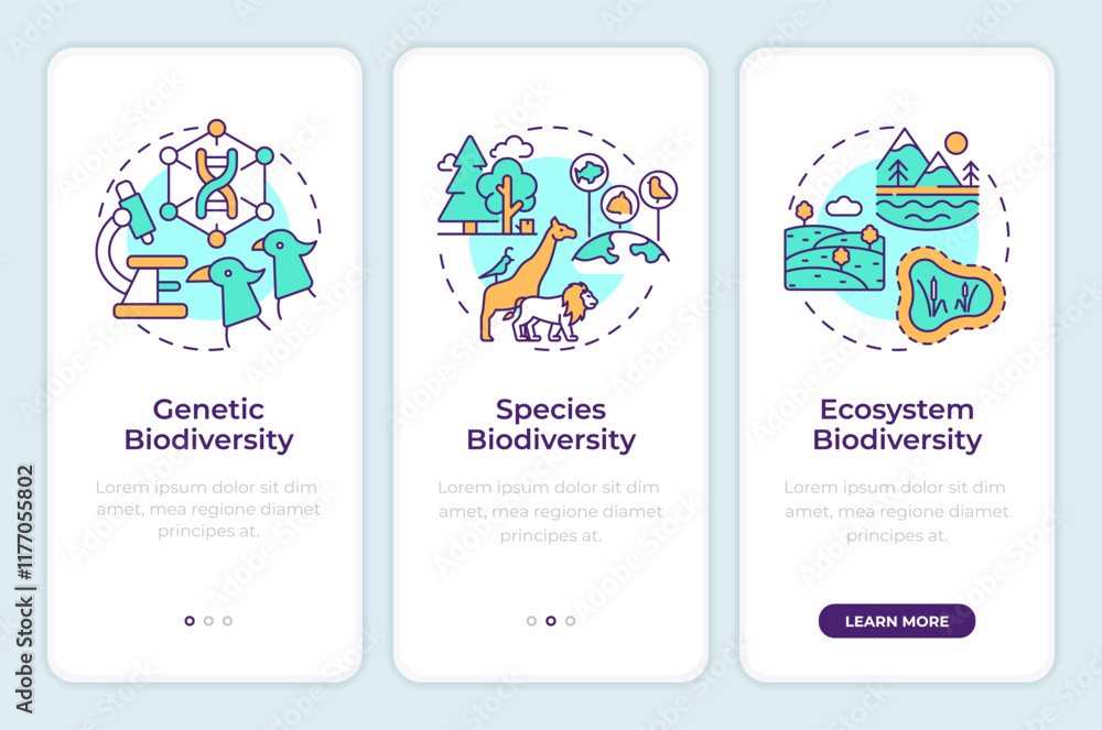 Poster types of biodiversity onboarding mobile app screen. walkthrough 3 steps editable graphic instruction