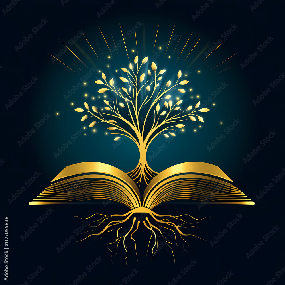 Aufkleber open book with a glowing tree and roots symbolizes knowledge and growth in an artistic design. gener