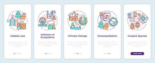 Naklejka premium Major causes of biodiversity loss onboarding mobile app screen. Walkthrough 5 steps editable graphic instructions with linear concepts. UI, UX, GUI template. Montserrat SemiBold, Regular fonts used