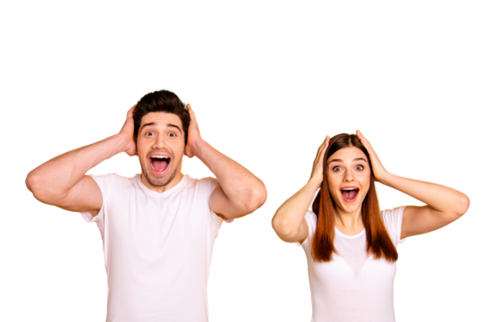 Close up photo two amazing beautiful she her he him his couple standing side by side oh yeah yes expression yelling unbelievable good news wear casual white t-shirts outfit isolated yellow background