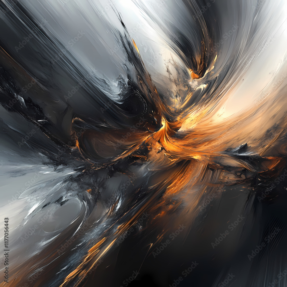 Poster dynamic abstract artwork with swirling gray and orange patterns creating a sense of movement and ene