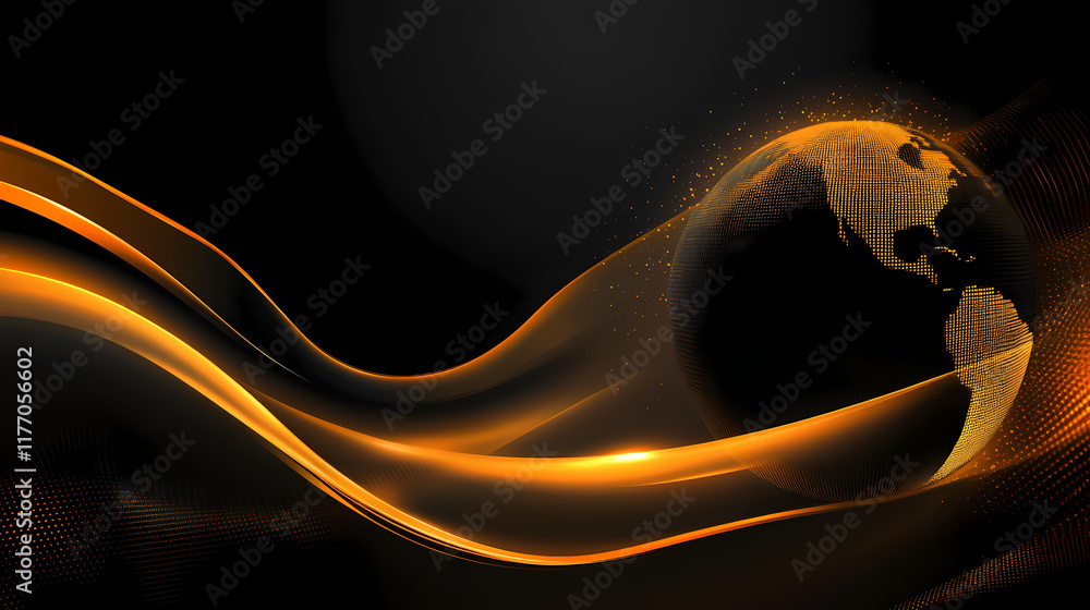 Poster abstract representation of a glowing globe with flowing waves and a dark background at night. genera