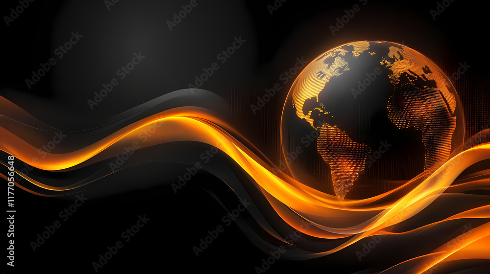 Poster modern digital globe design with flowing orange waves emphasizing global connections. generative ai