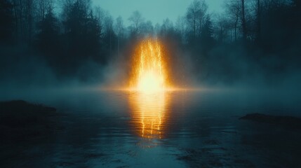 Bright explosion of light reflects on calm water in misty forest setting at dusk